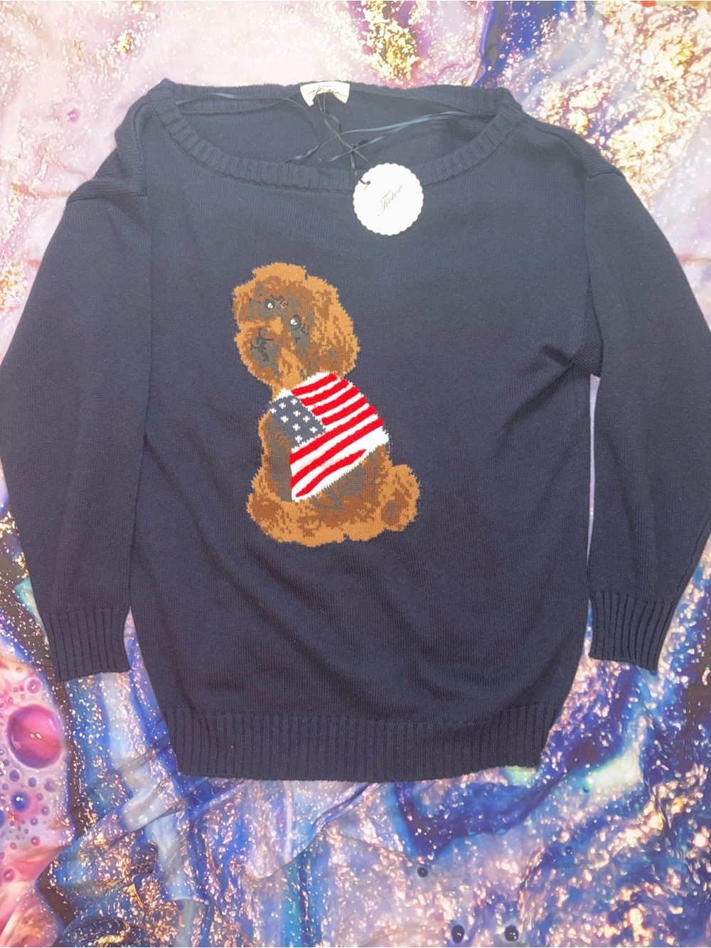Woman’s off the shoulder Sweater with Dog & American Flag